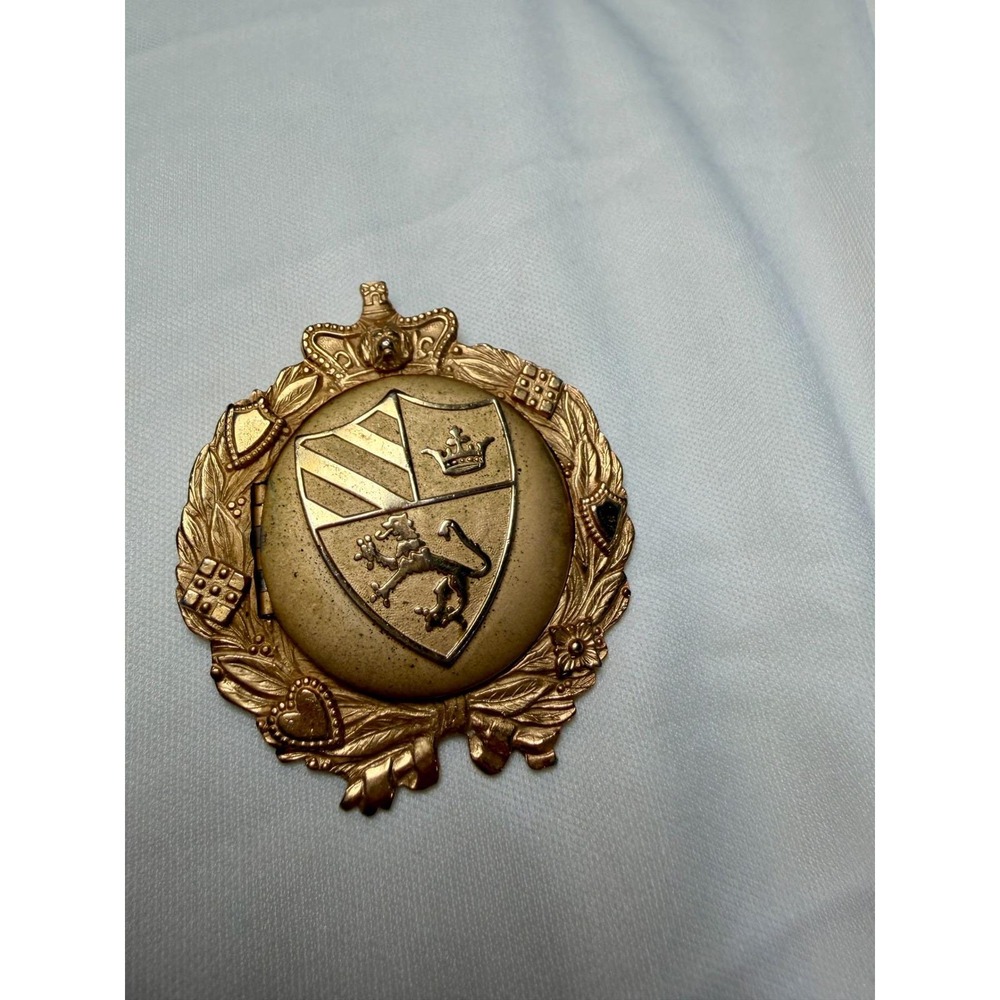 Vintage Gold Tone Heraldic Crest Locket Brooch Lion Crown Shield Laurel Wreath